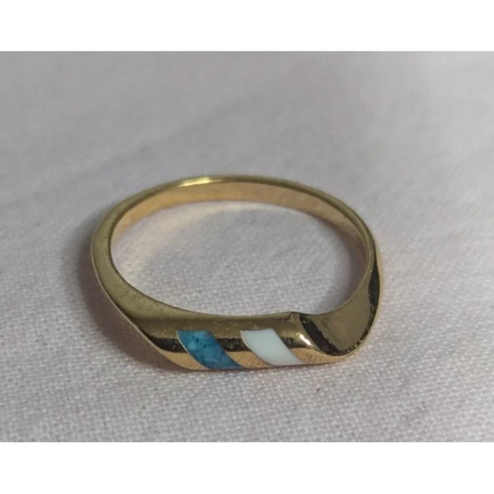 turquoise white inlay band Womens gold‎ ring size 5 unisex mens